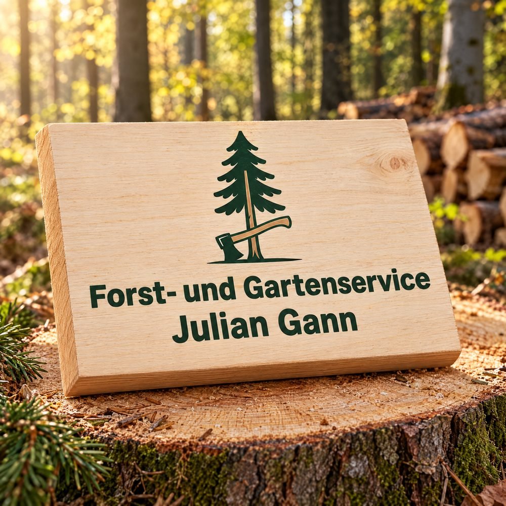 Holztafel mit Logo: Forst- und Gartenservice Julian Gann
